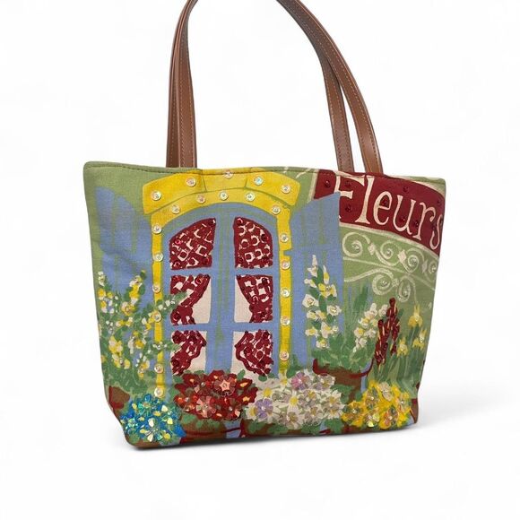 Floral Beaded Embellished Shoulder Bag Flower Shop Purse 100% Cotton - Picture 1 of 8